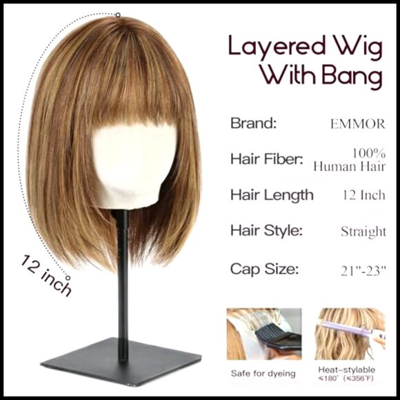 Shoulder Length Layered Bob Wig with Bangs Breathable Cap Daily Wear main image 5